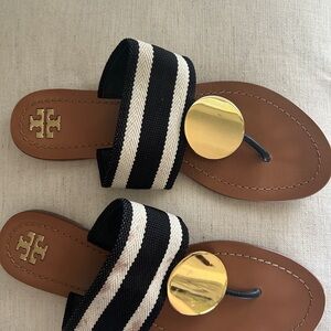 Tory Burch Black and White Sandals with Gold Accent